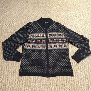 Vintage Frost Sweater Cardigan Womens Large Black Fair Isle Wool Full Zip Nordic
